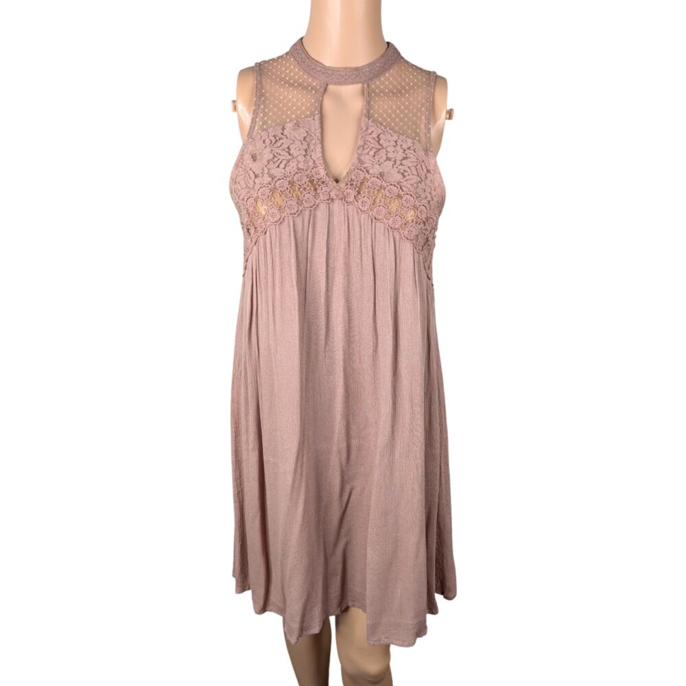 NWT Altar'd State Taupe Lace Crochet Swiss Dot Shift Dress Tunic Cottagecore S